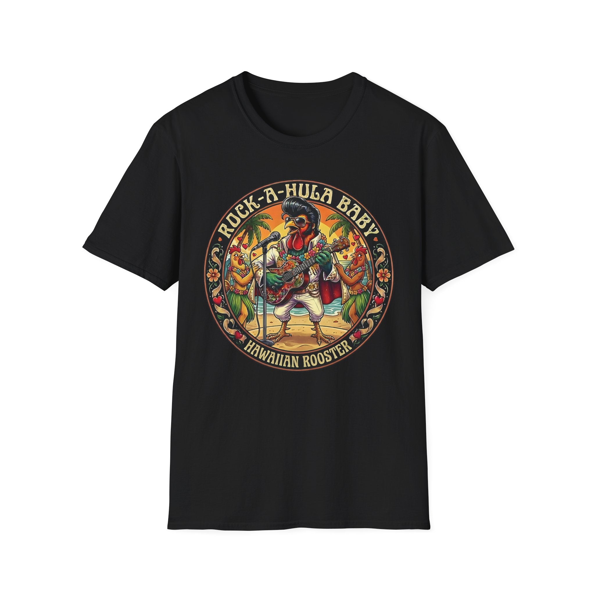 Hawaiian Rooster Concert T-Shirt — Funny Singer Rooster & Chickens Falling in Love