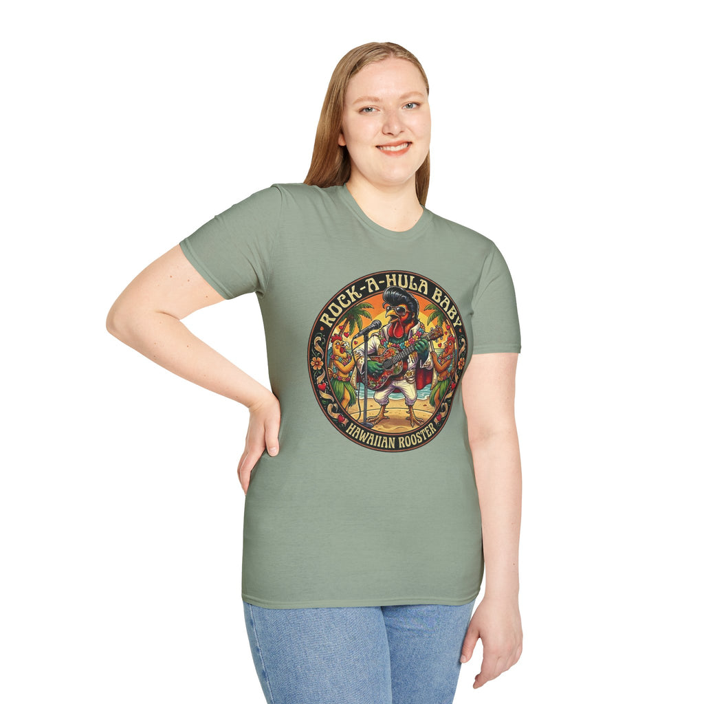 Hawaiian Rooster Concert T-Shirt — Funny Singer Rooster & Chickens Falling in Love