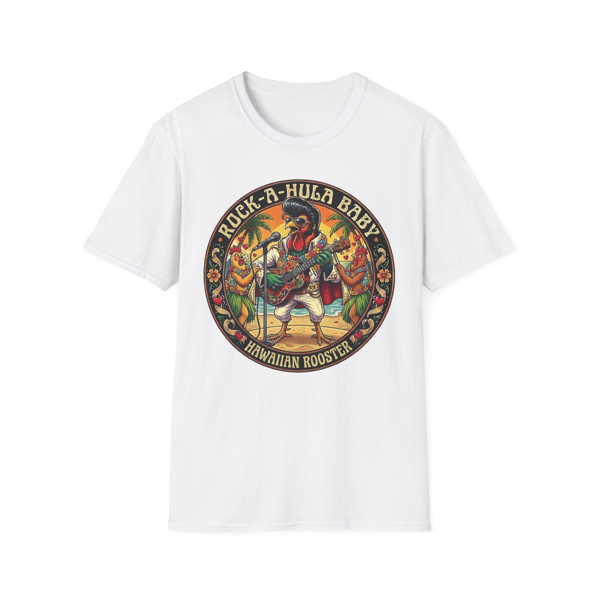 Hawaiian Rooster Concert T-Shirt — Funny Singer Rooster & Chickens Falling in Love