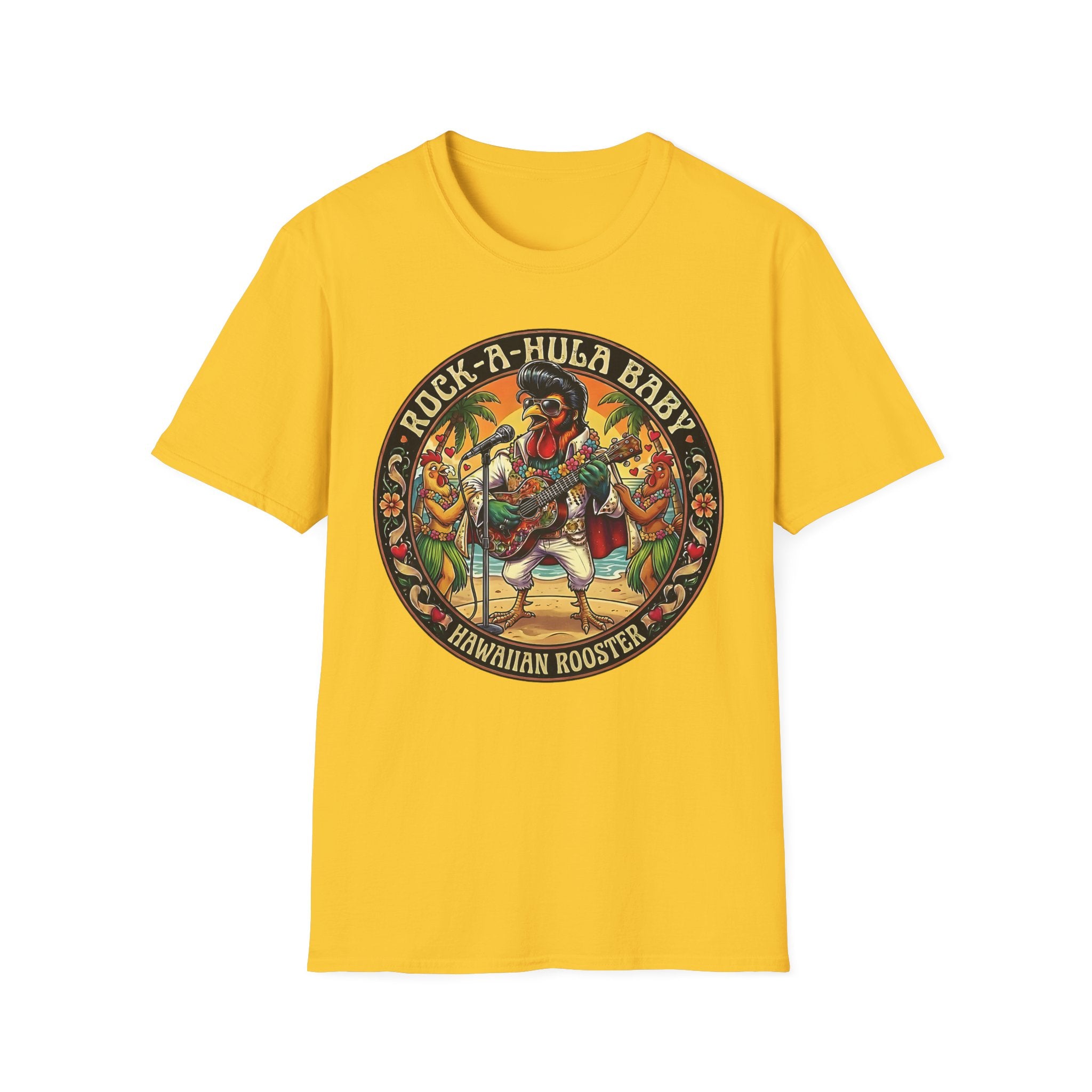 Hawaiian Rooster Concert T-Shirt — Funny Singer Rooster & Chickens Falling in Love