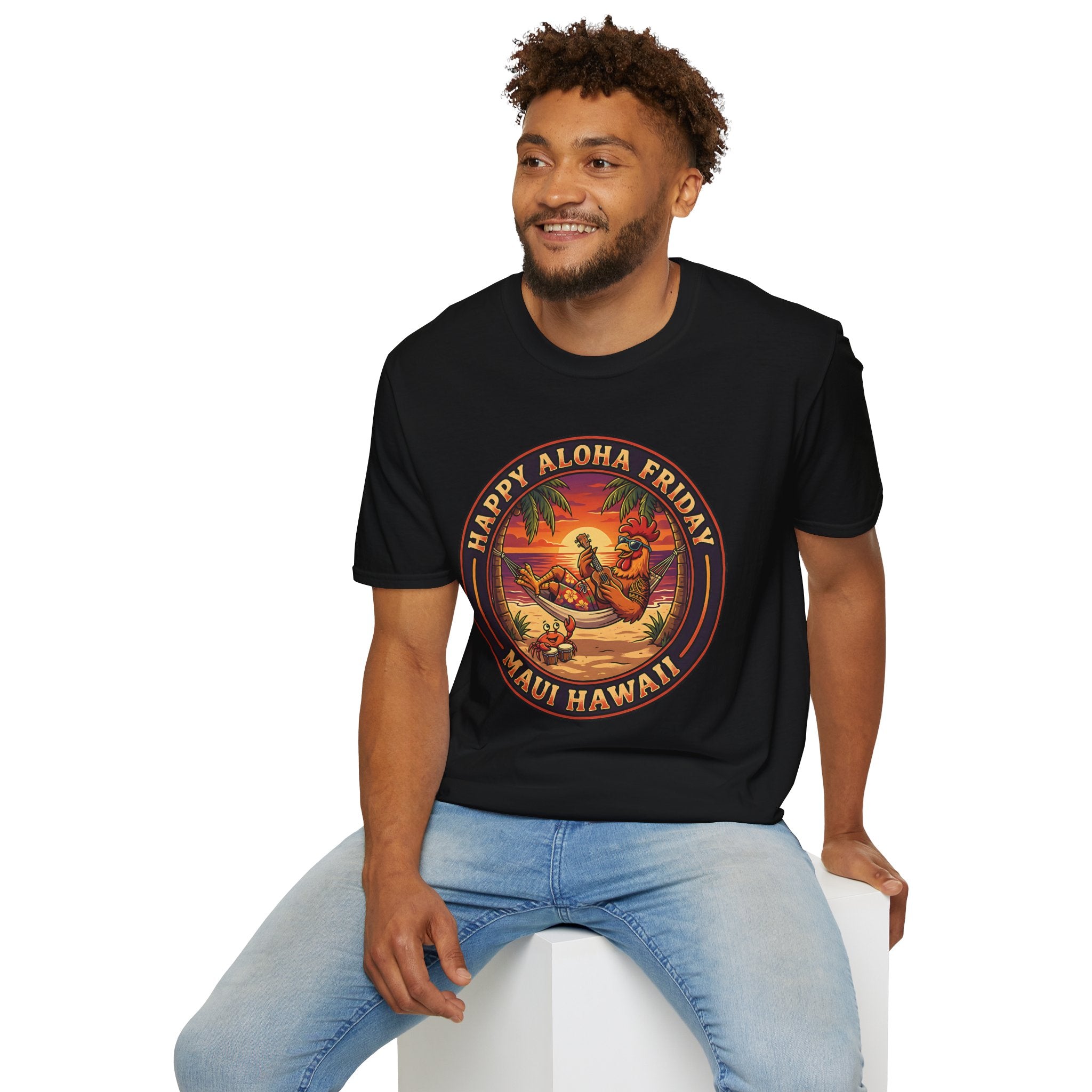 Aloha Friday Rooster & Crab T-Shirt — Hawaiian Hammock Ukulele Scene