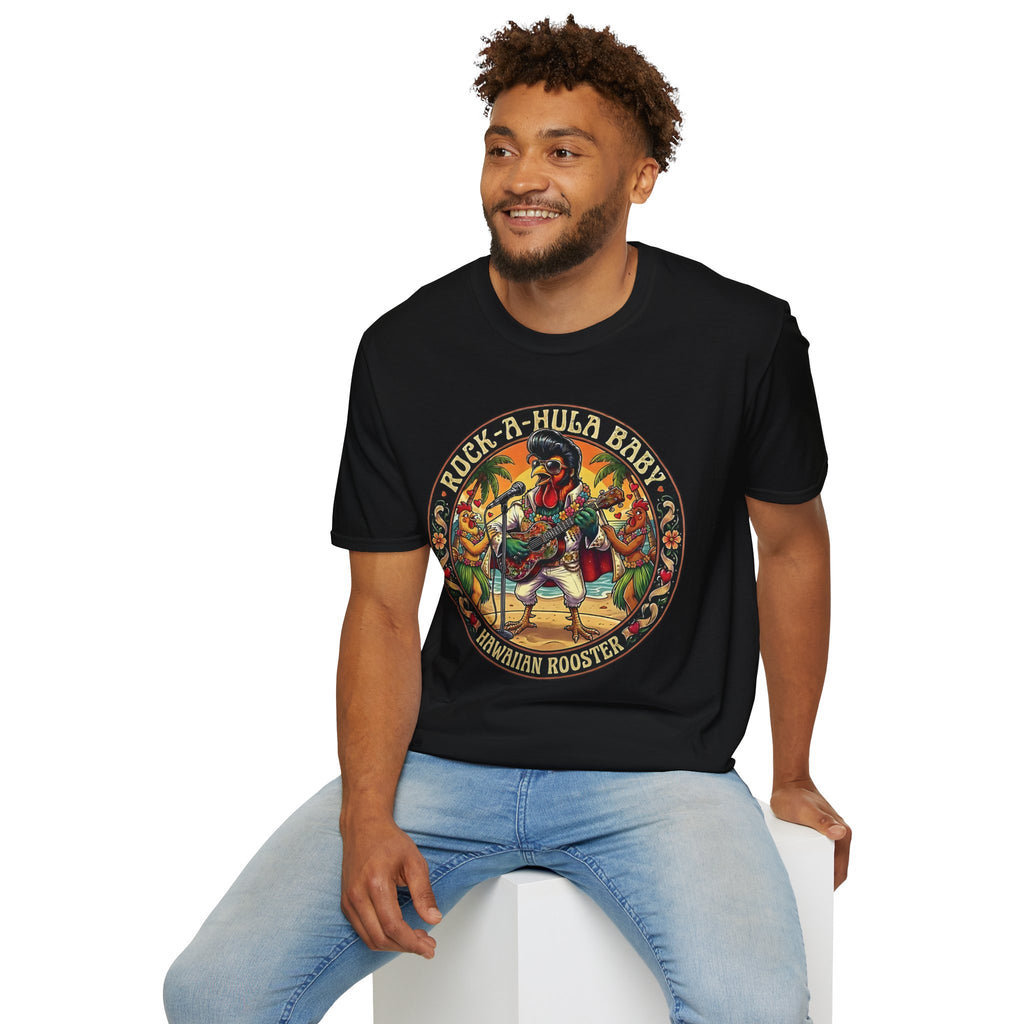 Hawaiian Rooster Concert T-Shirt — Funny Singer Rooster & Chickens Falling in Love