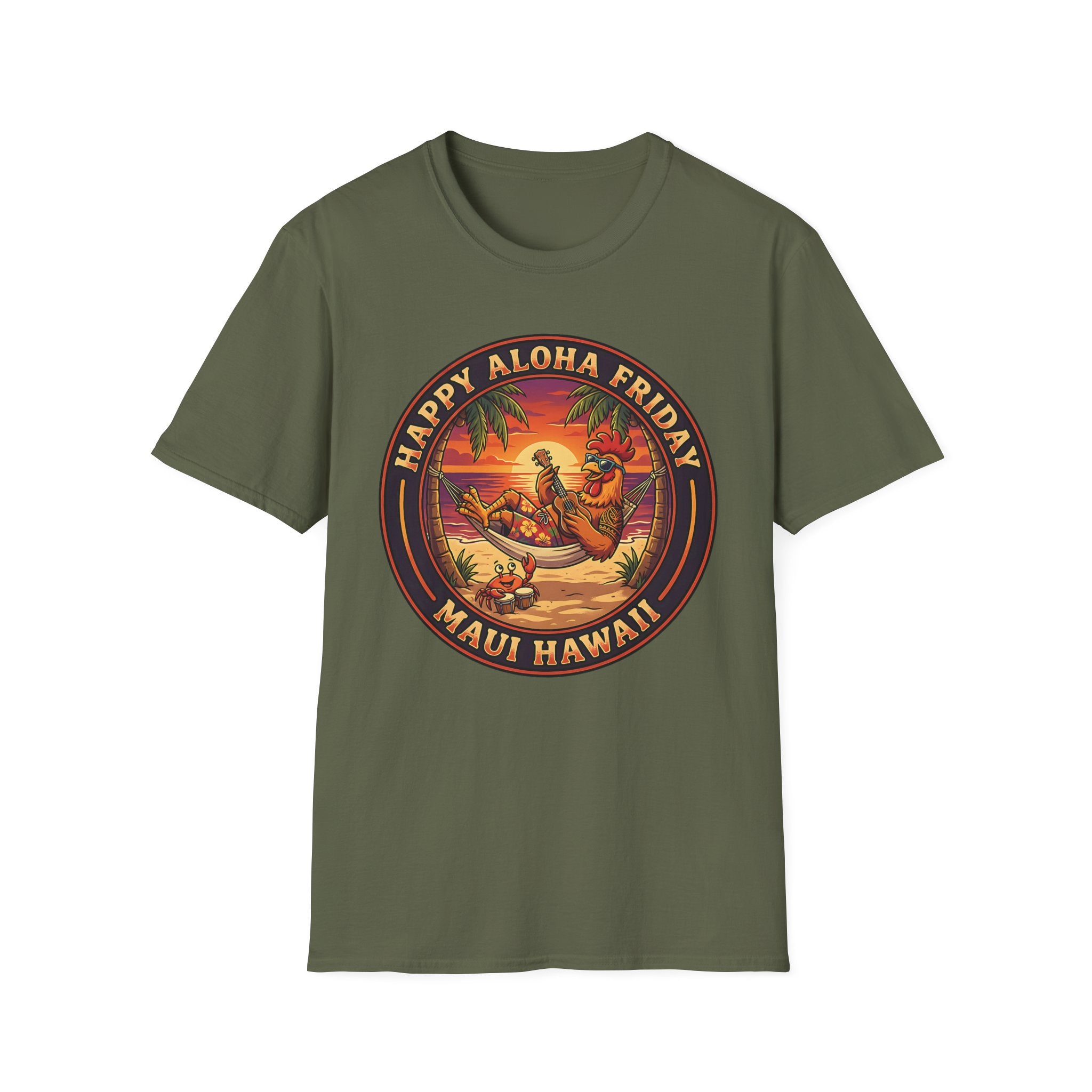 Aloha Friday Rooster & Crab T-Shirt — Hawaiian Hammock Ukulele Scene