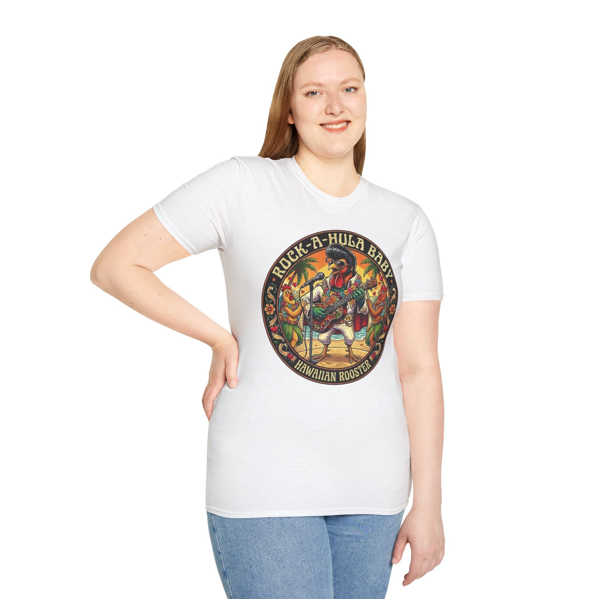 Hawaiian Rooster Concert T-Shirt — Funny Singer Rooster & Chickens Falling in Love