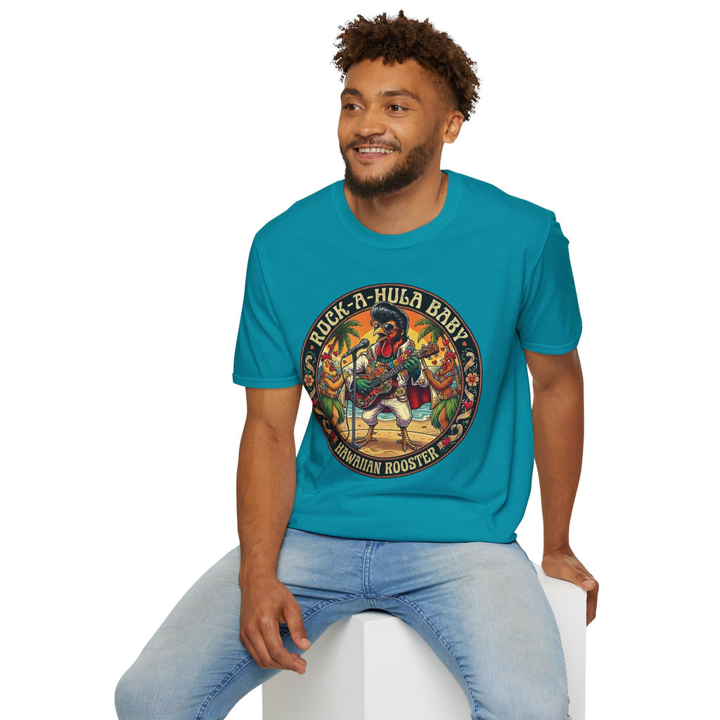 Hawaiian Rooster Concert T-Shirt — Funny Singer Rooster & Chickens Falling in Love