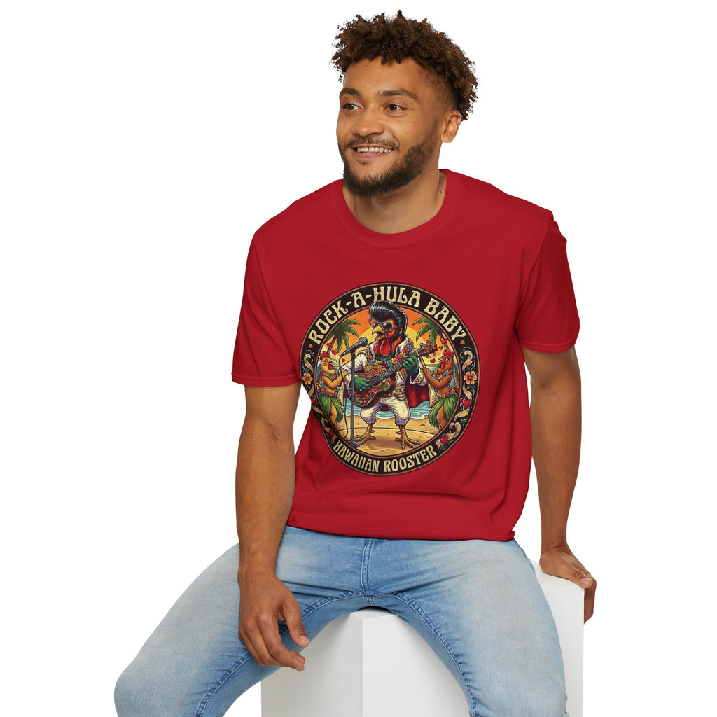 Hawaiian Rooster Concert T-Shirt — Funny Singer Rooster & Chickens Falling in Love
