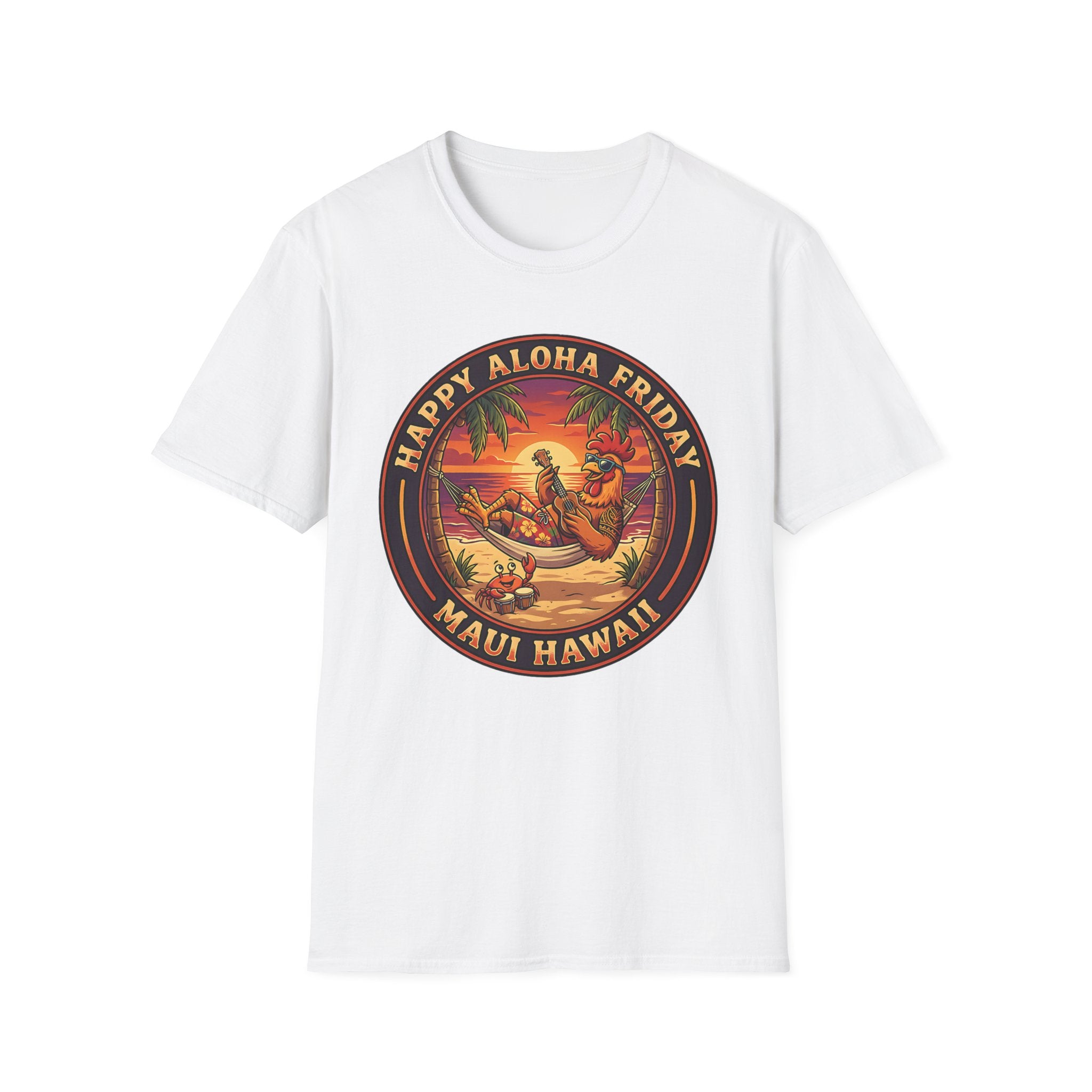 Aloha Friday Rooster & Crab T-Shirt — Hawaiian Hammock Ukulele Scene