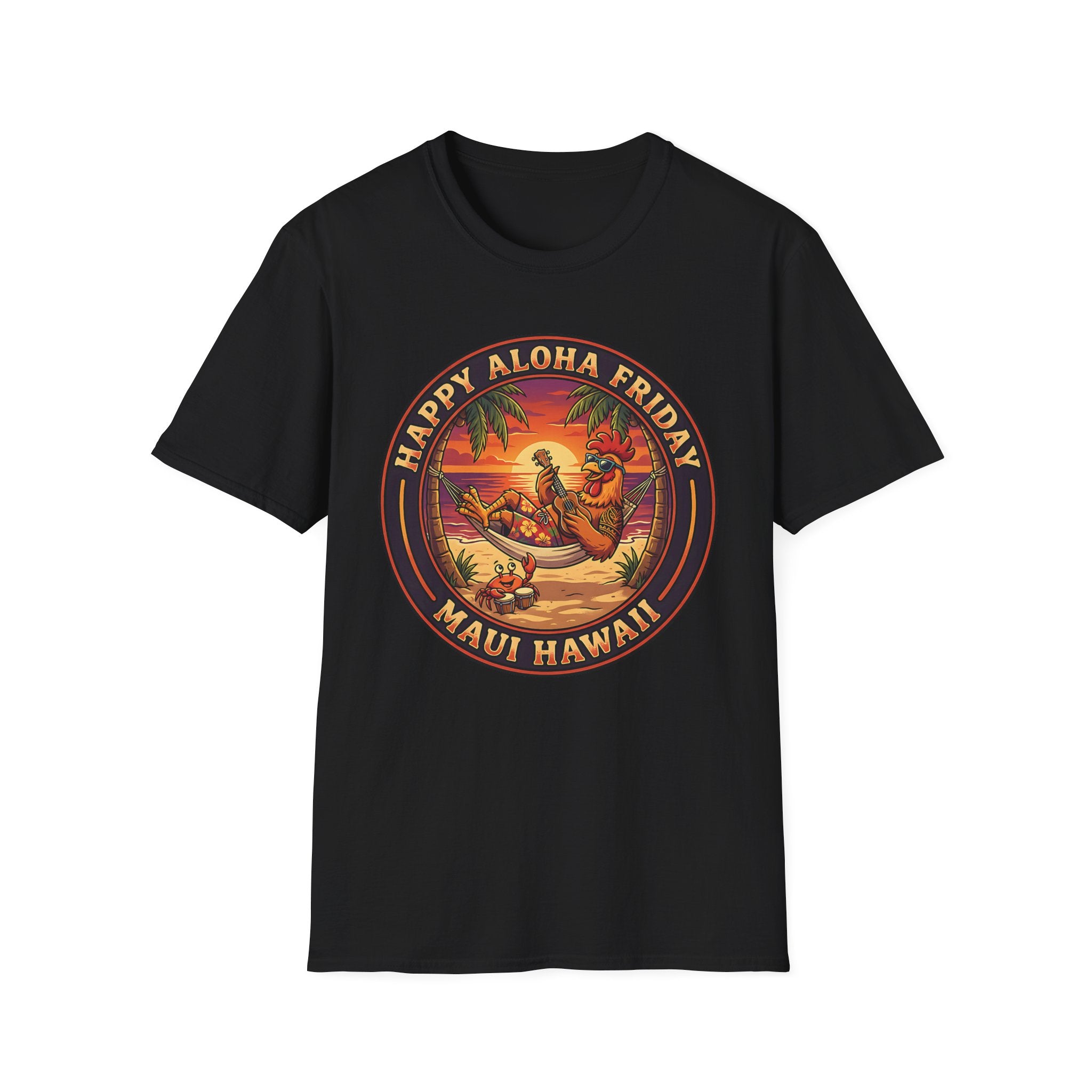 Aloha Friday Rooster & Crab T-Shirt — Hawaiian Hammock Ukulele Scene